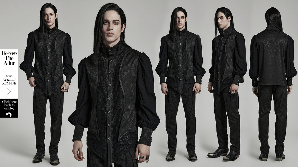 Vintage Gothic Button-Up Jacquard Shirt featuring lantern sleeves and stand collar, styled with antique silver buttons.