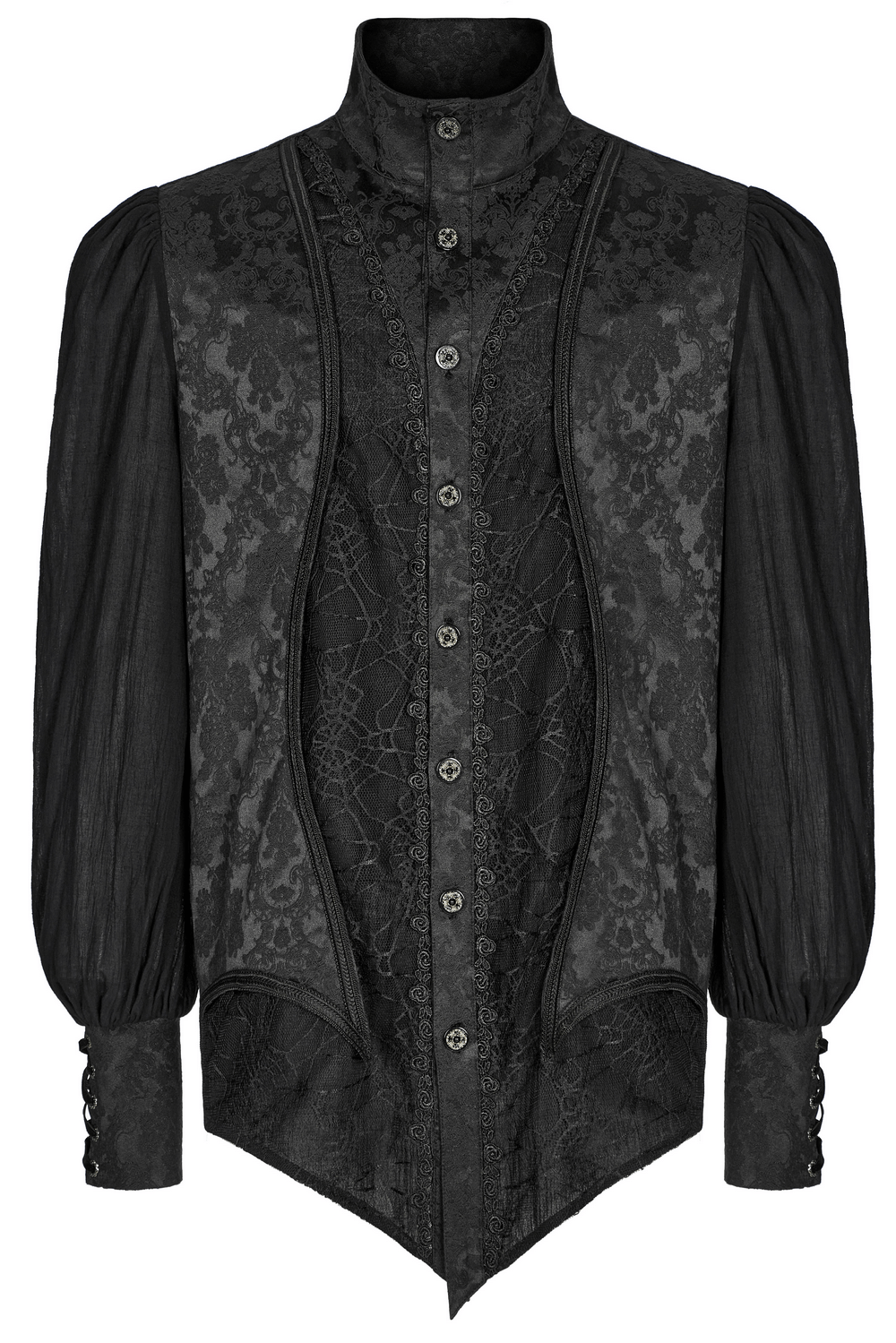 Vintage Gothic button-up jacquard shirt with lantern sleeves and spider mesh design.
