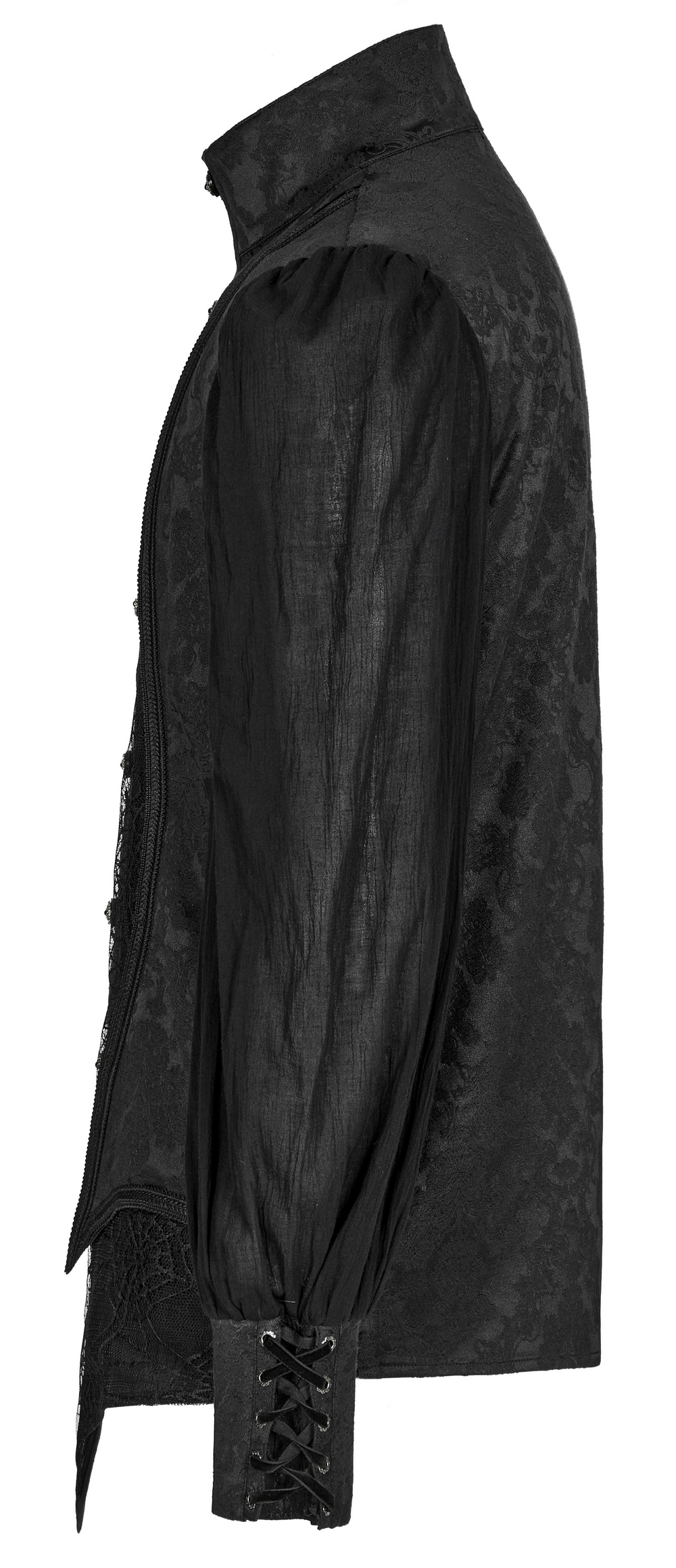 Side view of Vintage Gothic Button-Up Jacquard Shirt featuring lantern sleeves and intricate lace-up cuffs.
