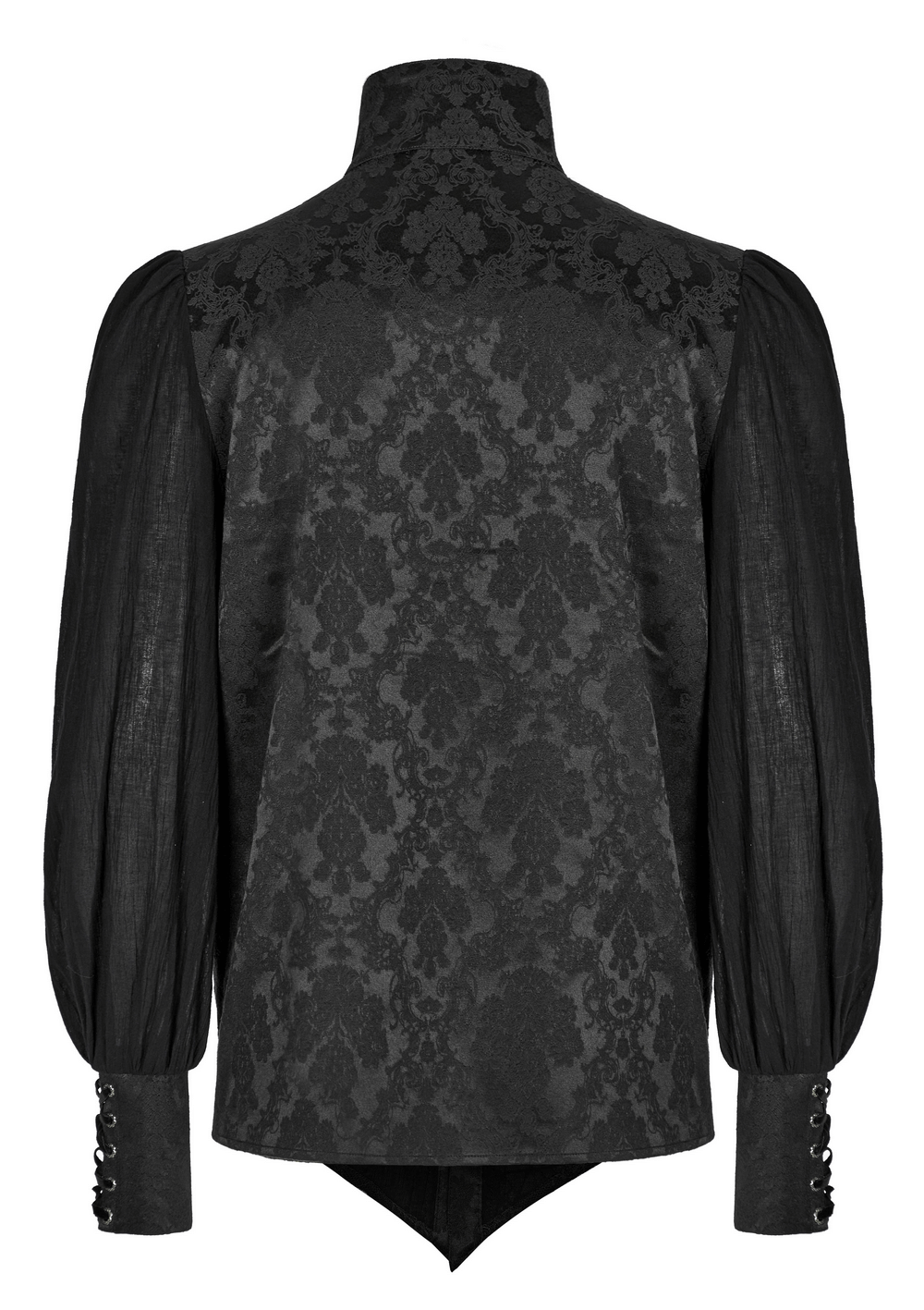 Vintage Gothic button-up shirt with lantern sleeves and stand collar in rich jacquard fabric, featuring antique silver buttons.