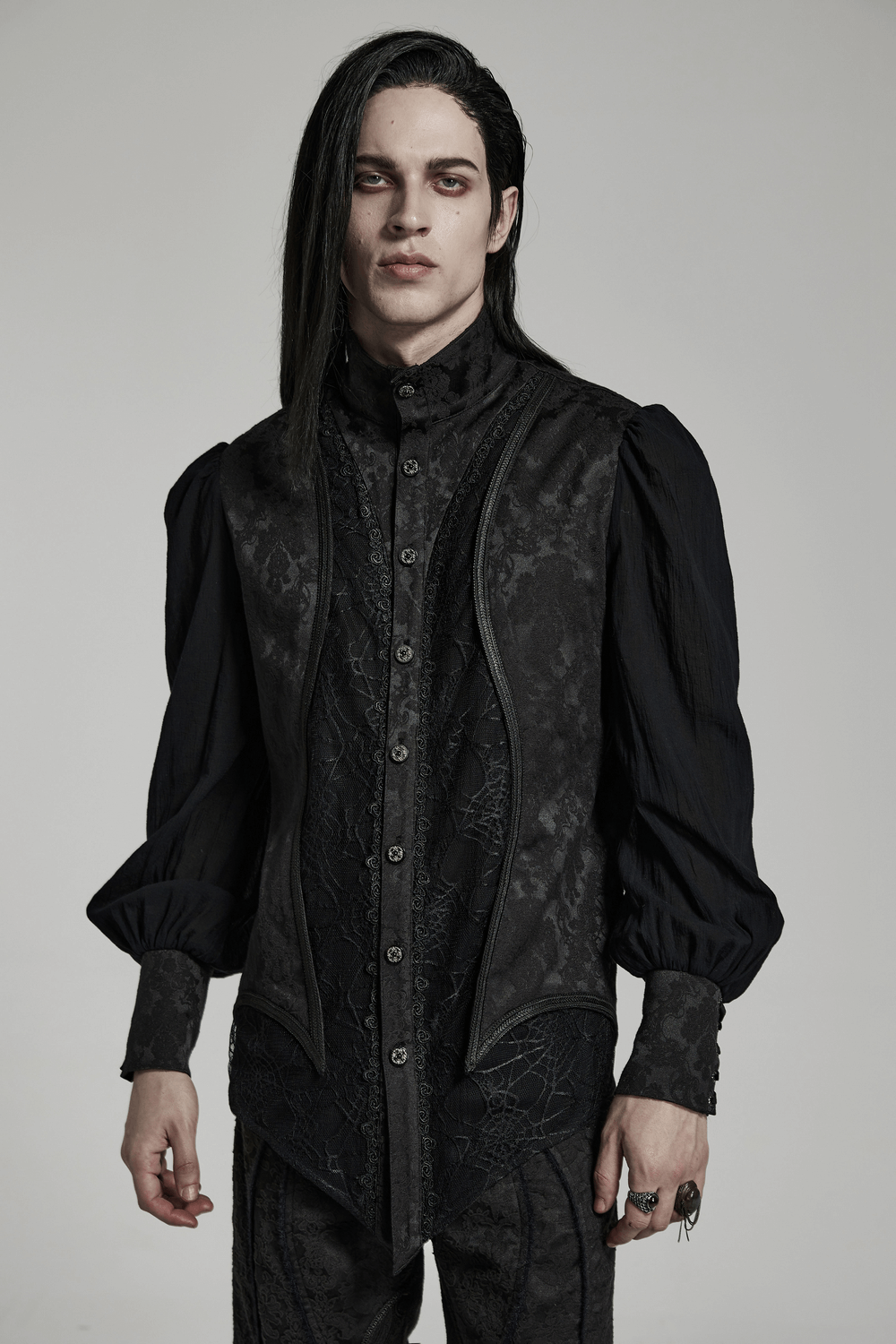 Vintage Gothic button-up jacquard shirt with lantern sleeves and spider mesh details for a chic gothic look.