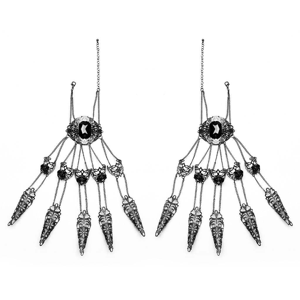 Vintage Gothic finger bracelet with tassel detail and rose clasp, perfect for bold fashion statements.