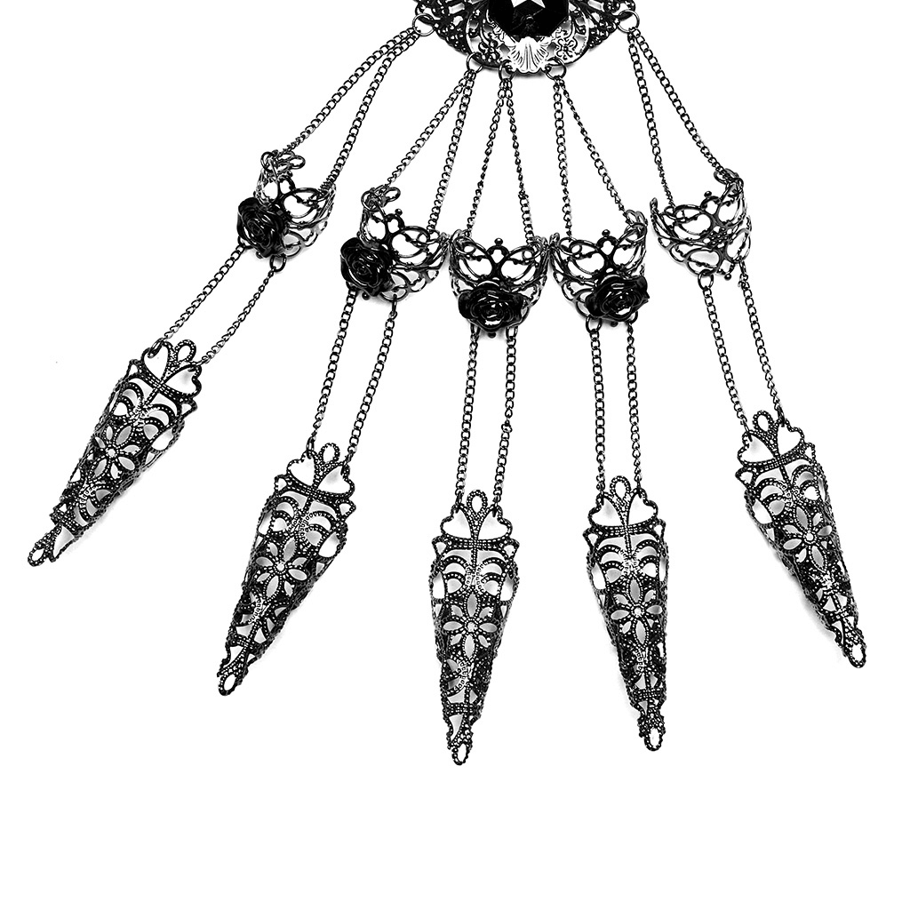 Vintage Gothic finger bracelet featuring elegant tassels and intricate rose buckles.