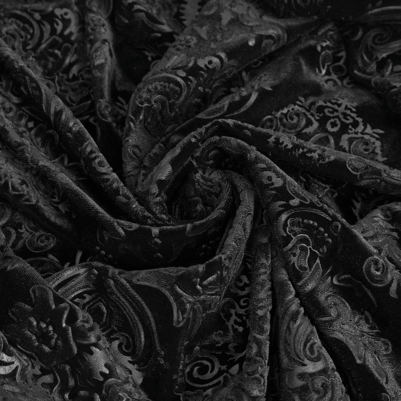 Luxurious vintage gothic floral velvet fabric showcasing intricate patterns in deep black shades.