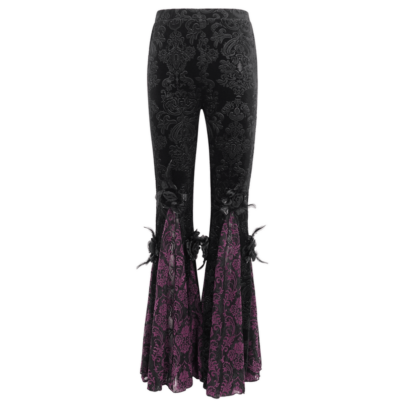 Vintage gothic floral pattern velvet flared pants for women, featuring a stylish black and purple design.