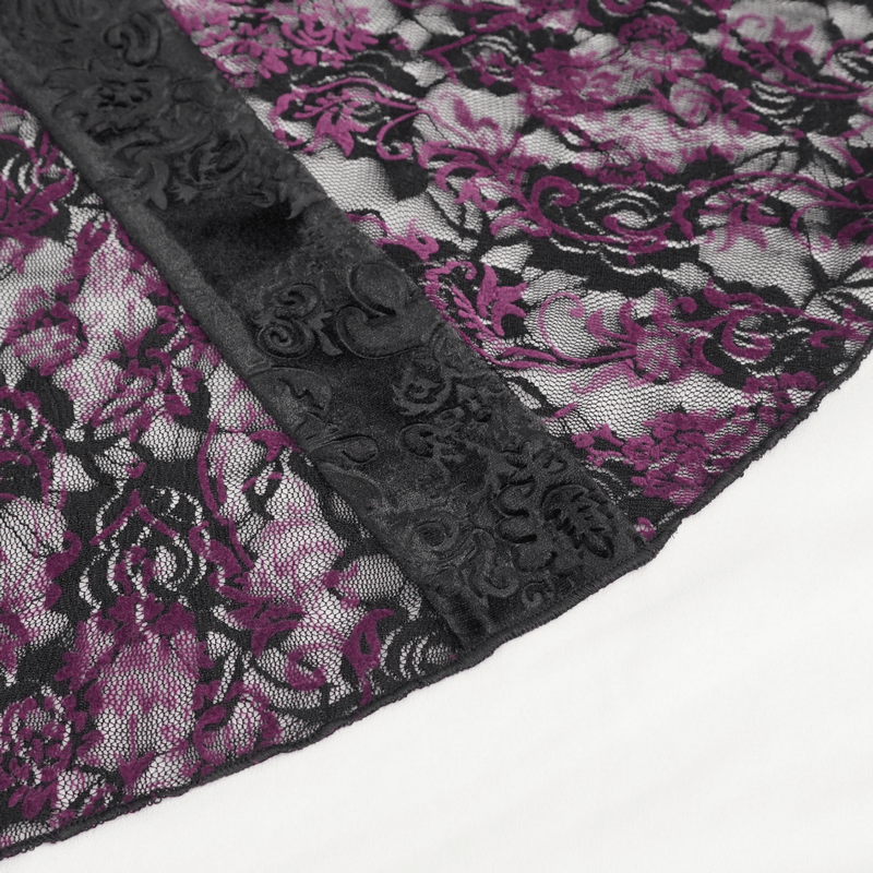 Gothic floral pattern in rich purple and black lace, showcasing vintage elegance and intricate detailing.