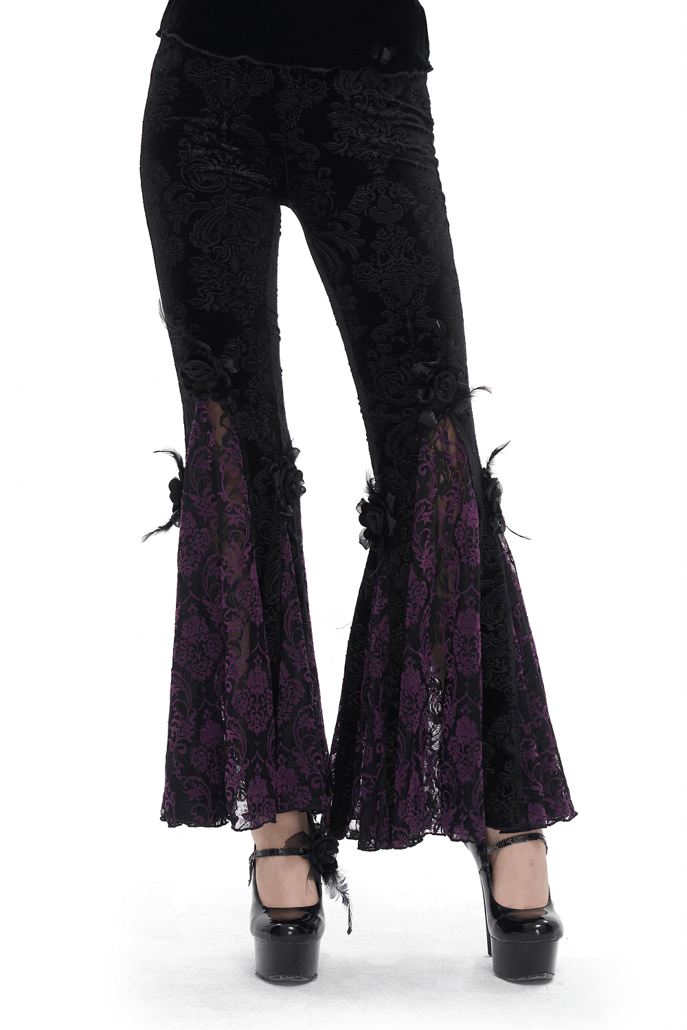Vintage gothic floral velvet flared pants for women with black and purple design, perfect for a stylish statement.
