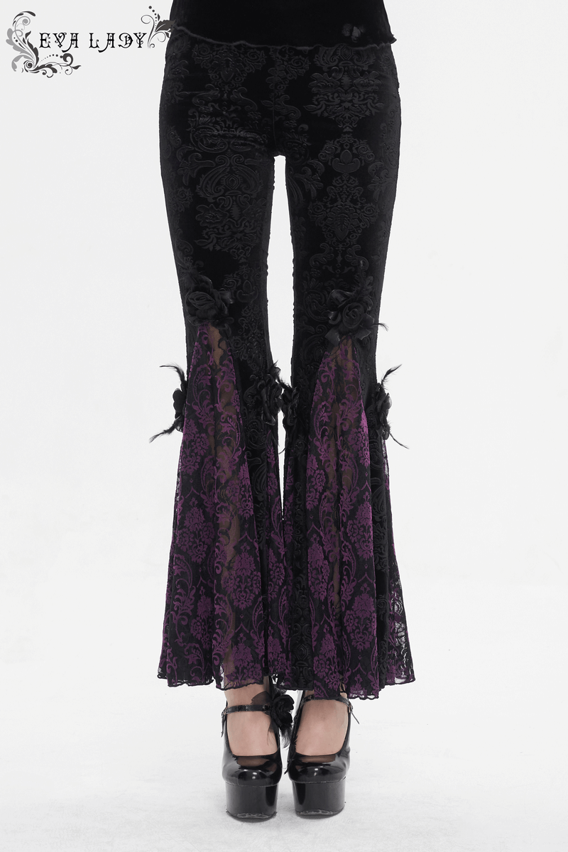 Vintage Gothic floral velvet flared pants for women, featuring lace accents and a stylish silhouette.