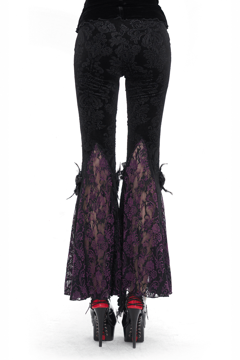 Vintage gothic floral velvet flared pants for women, featuring lace panels and a stylish retro silhouette.