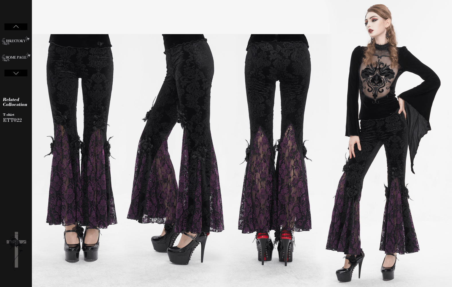 Vintage gothic floral velvet flared pants for women, featuring a stylish black and purple design and retro charm.
