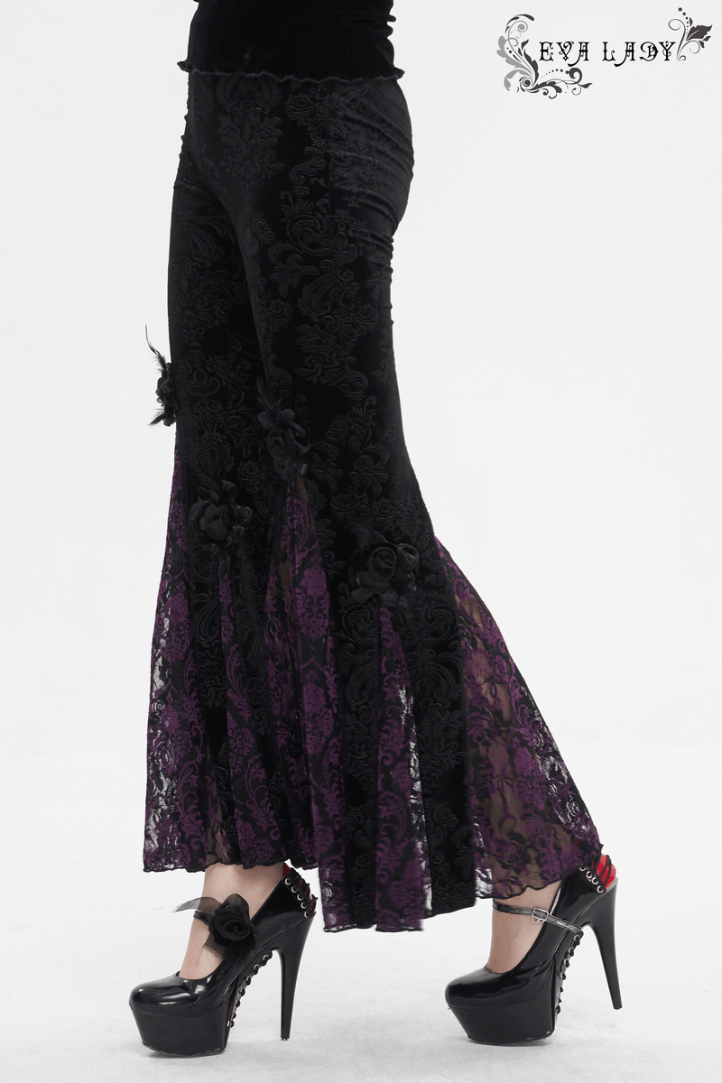 Vintage gothic floral velvet flared pants for women, showcasing a unique blend of elegance and drama.