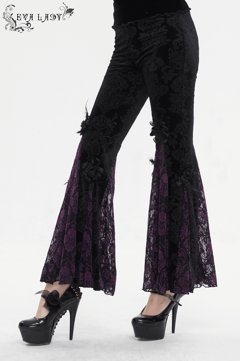 Vintage Gothic Floral Pattern Velvet Flared Pants for Women - HARD'N'HEAVY