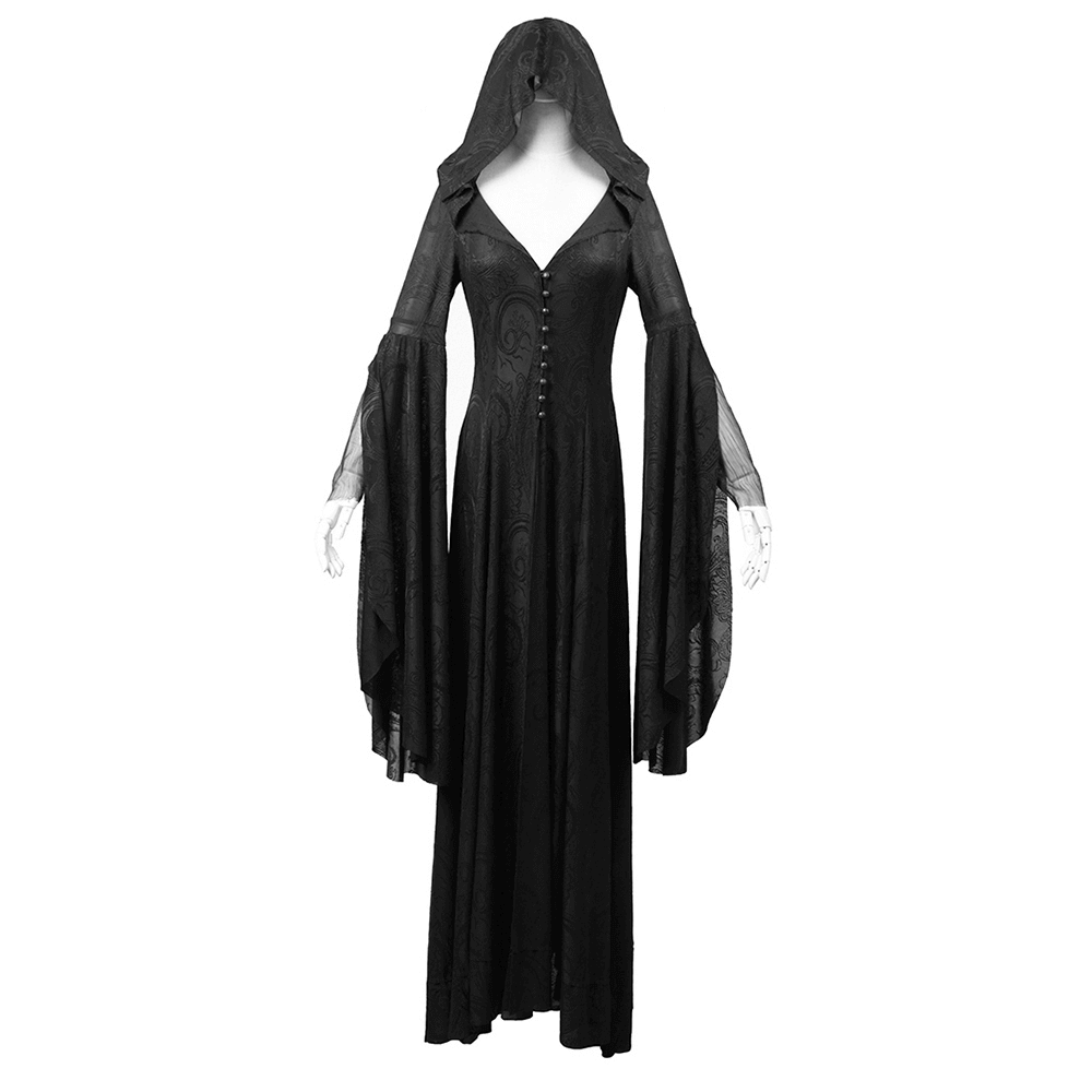 Vintage gothic hooded cape with long sleeves for women, featuring elegant embroidery and a flowing silhouette.