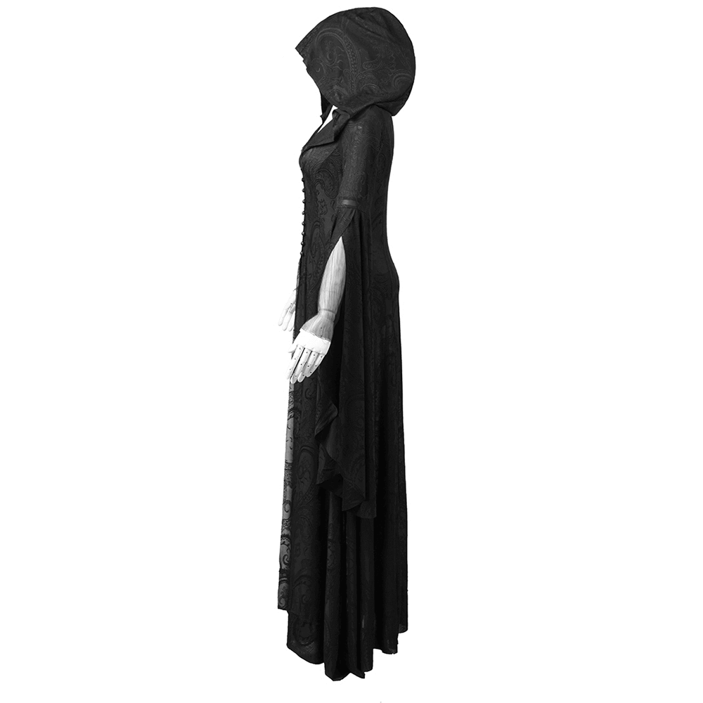 Elegant vintage gothic hooded cape with long sleeves, perfect for themed events and enchanting looks.