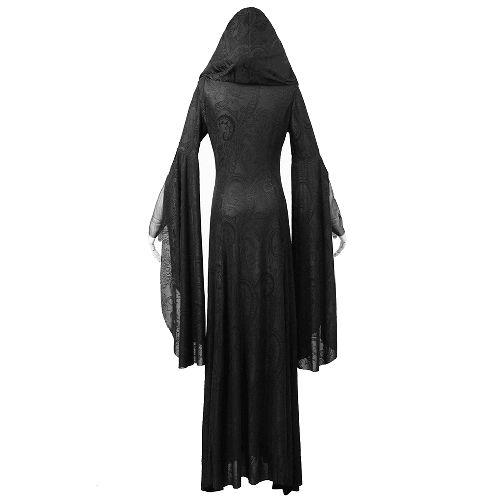 Back view of vintage gothic hooded cape for women featuring long sleeves and intricate embroidery.