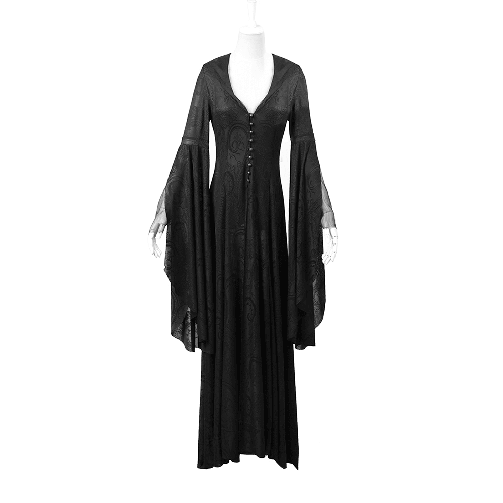 Elegant black vintage gothic hooded cape with long sleeves for women, perfect for themed events.