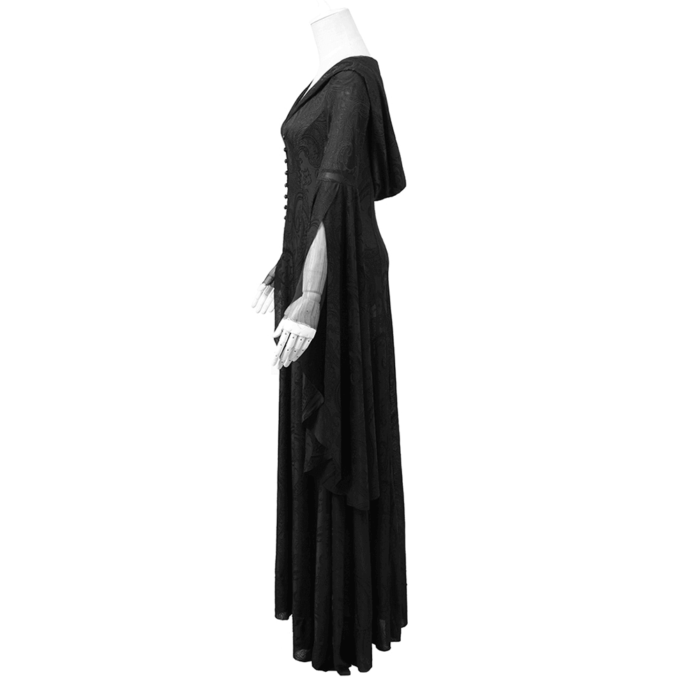 Elegant vintage gothic hooded cape with long sleeves showcasing intricate embroidery and flowing hem.