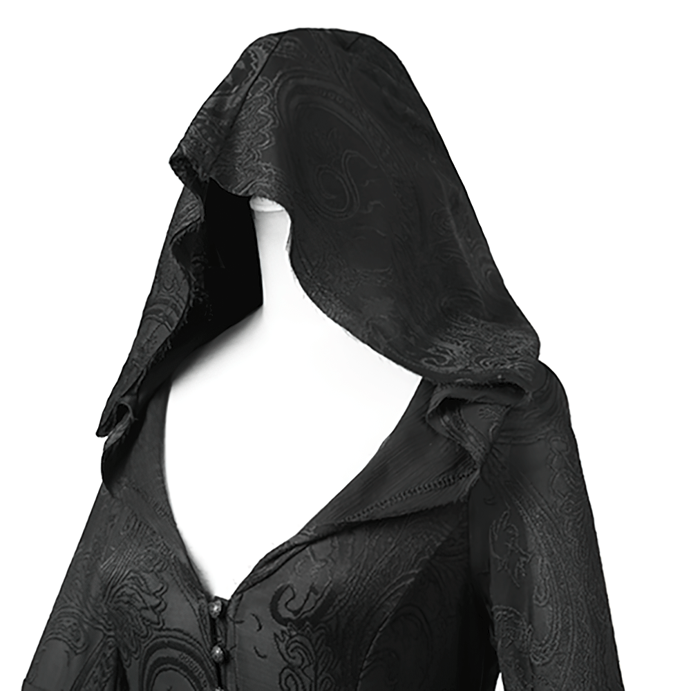Vintage Gothic hooded cape showcasing intricate embroidery and elegant design for women, perfect for themed events.