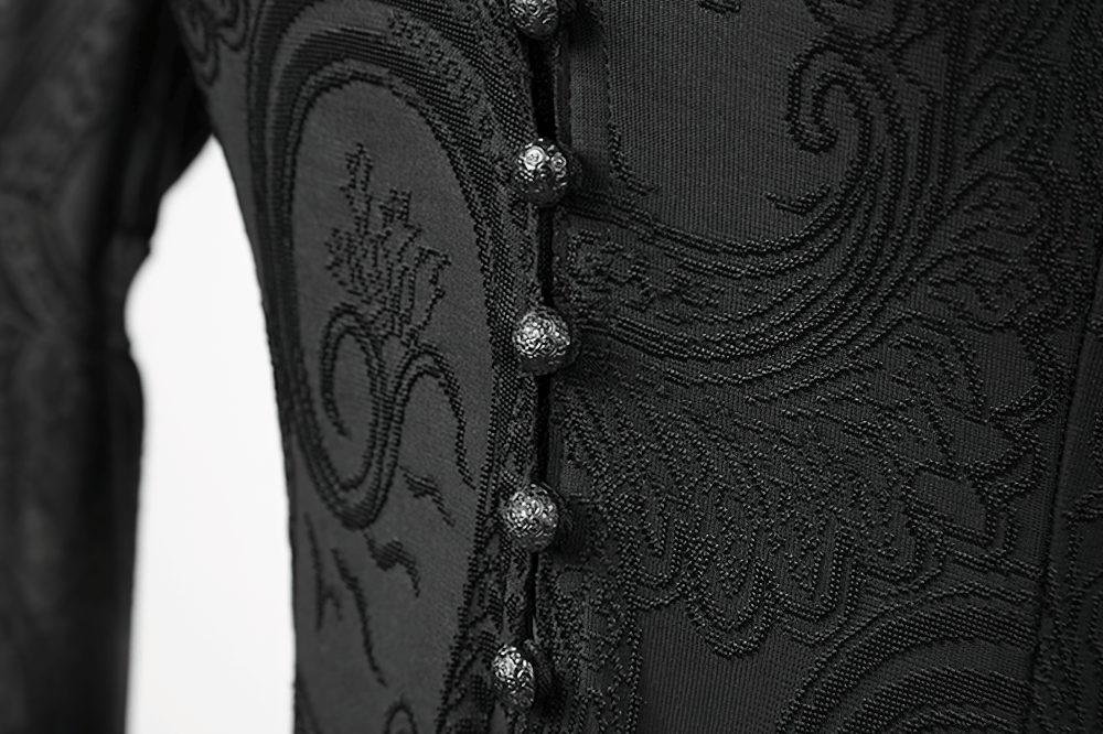 Close-up of intricate embroidery and decorative buttons on a Vintage Gothic Hooded Cape, showcasing elegant dark design.