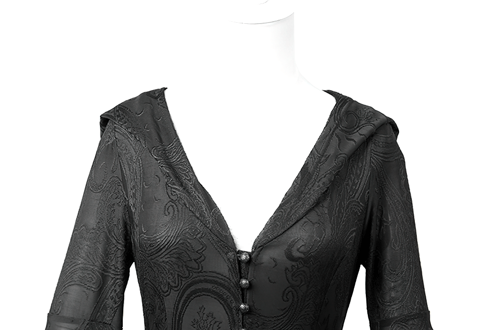 Vintage Gothic hooded cape with intricate embroidery and elegant long sleeves, perfect for high priestess vibes.