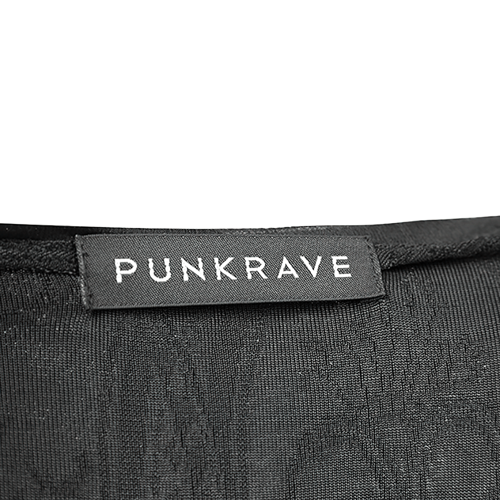 Close-up of PUNK RAVE brand label on a black fabric, representing gothic-inspired fashion.