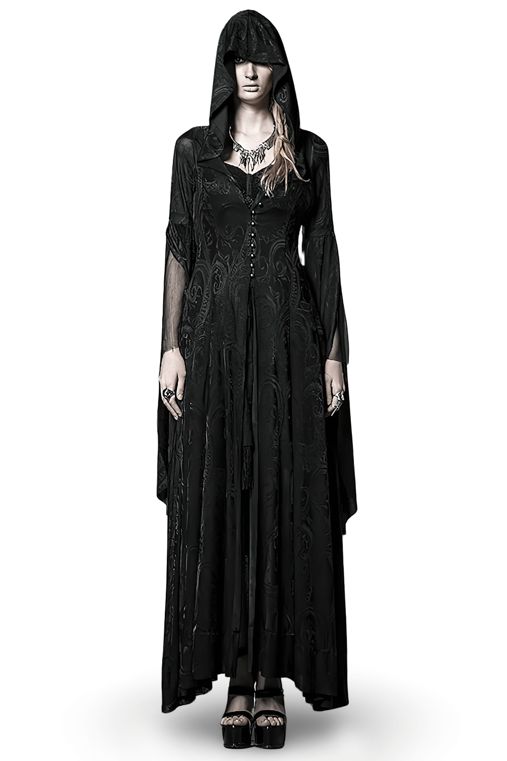 Vintage Gothic hooded cape with long sleeves for women, embodying elegance and mystique.