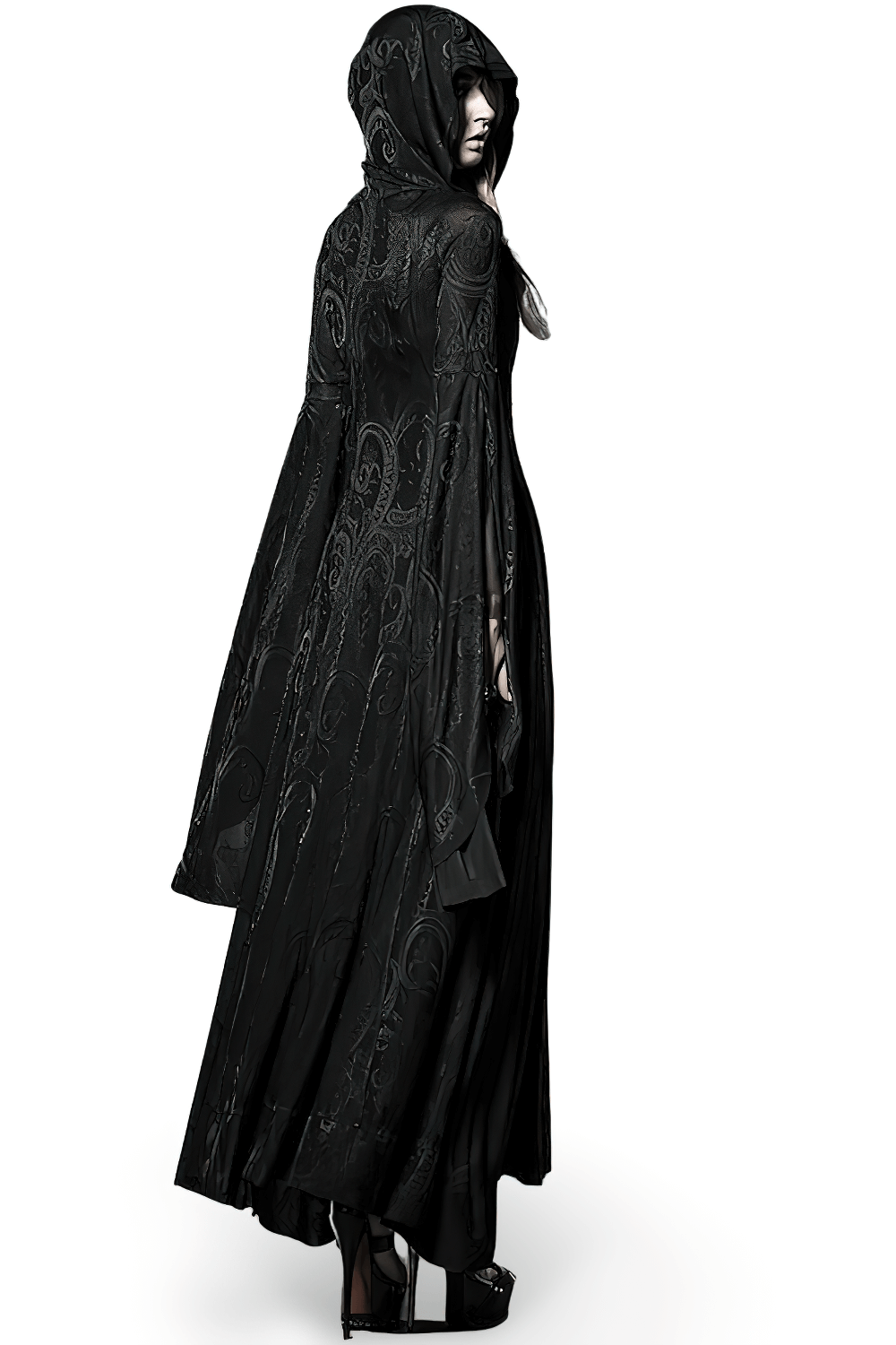 Elegant vintage gothic hooded cape for women, featuring long sleeves and intricate embroidery, perfect for themed events.