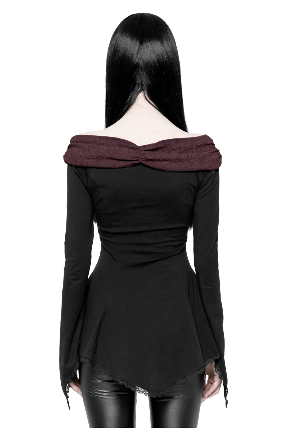 Back view of Vintage Gothic Long Sleeve Top with boat neck and horn cuffs, showcasing elegant lace trim and a stylish dark aesthetic.