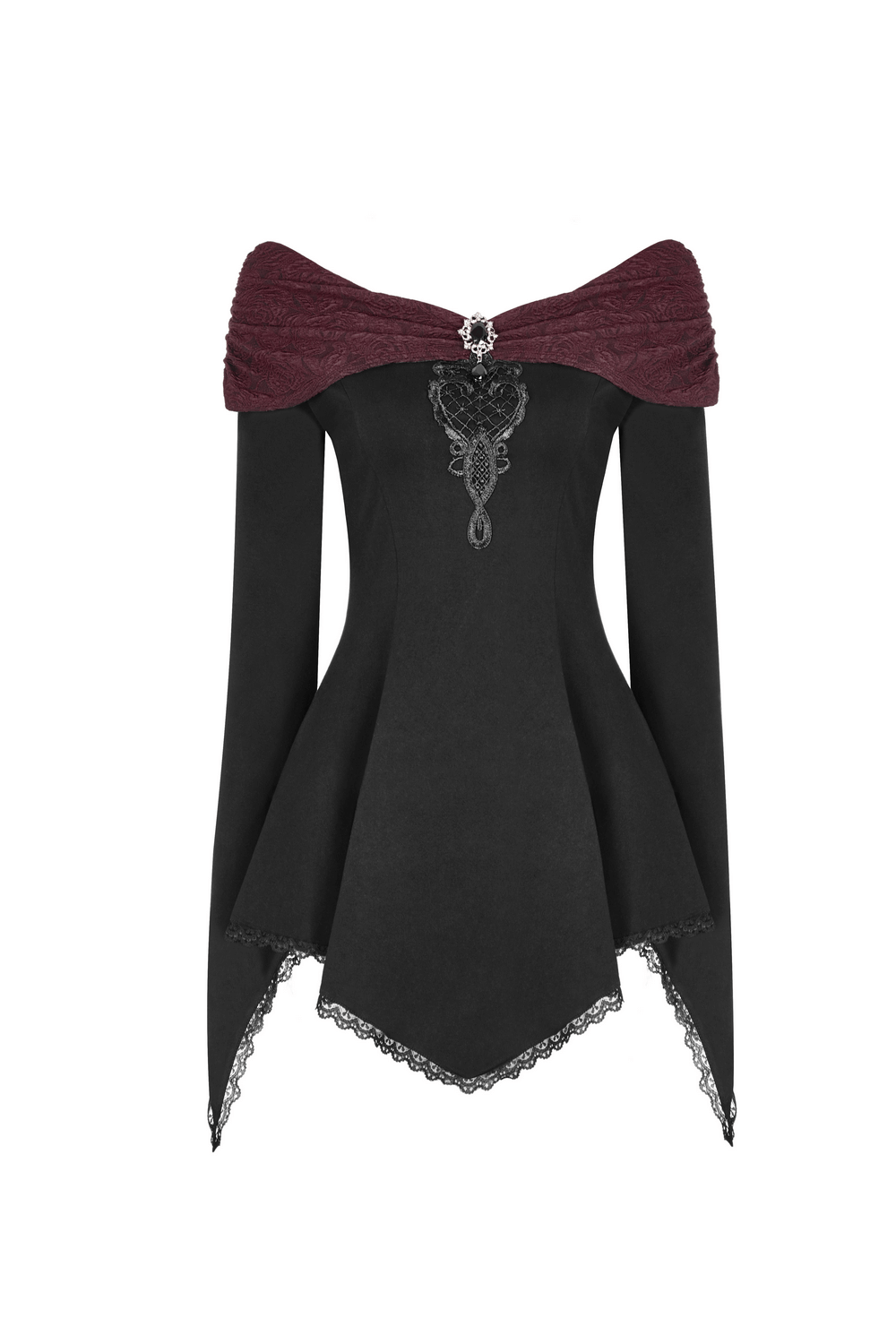 Vintage Gothic long sleeve top with boat neck, lace trim, and detachable brooch. Perfect for dark elegance and vintage style.