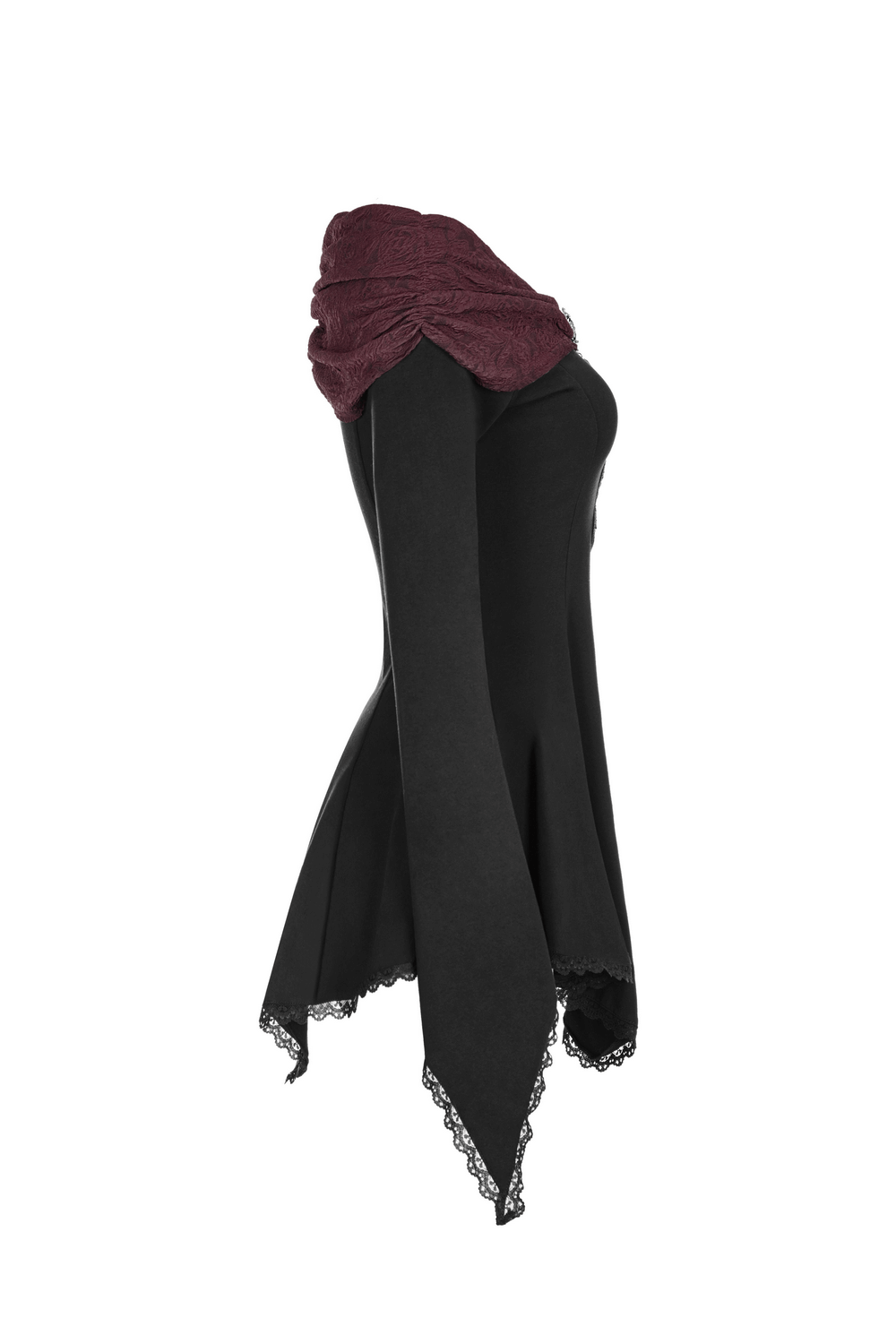 Vintage Gothic long sleeve top with brooch, lace trim, and horn cuffs in elegant black and dark burgundy.