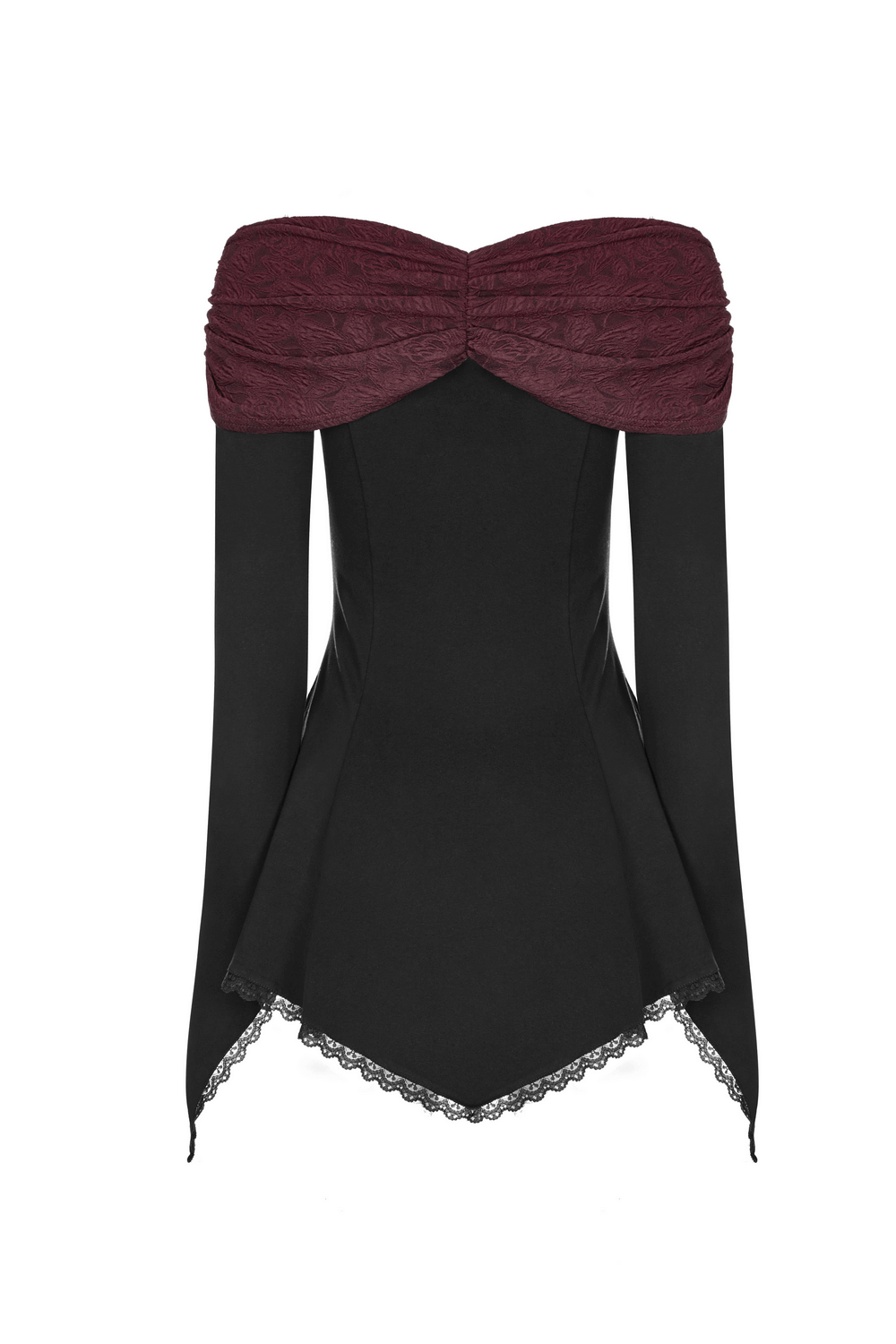 Vintage Gothic long sleeve top with lace trim and elegant burgundy bodice, perfect for dark elegance.