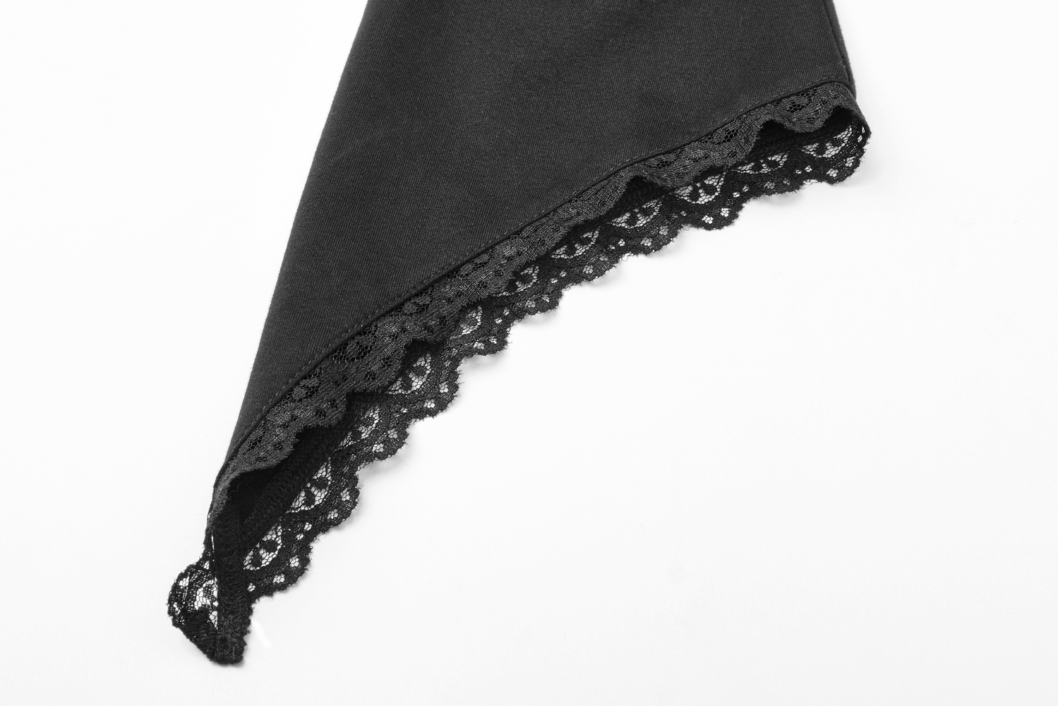 Close-up of a black fabric with intricate lace trim, showcasing vintage Gothic elegance.