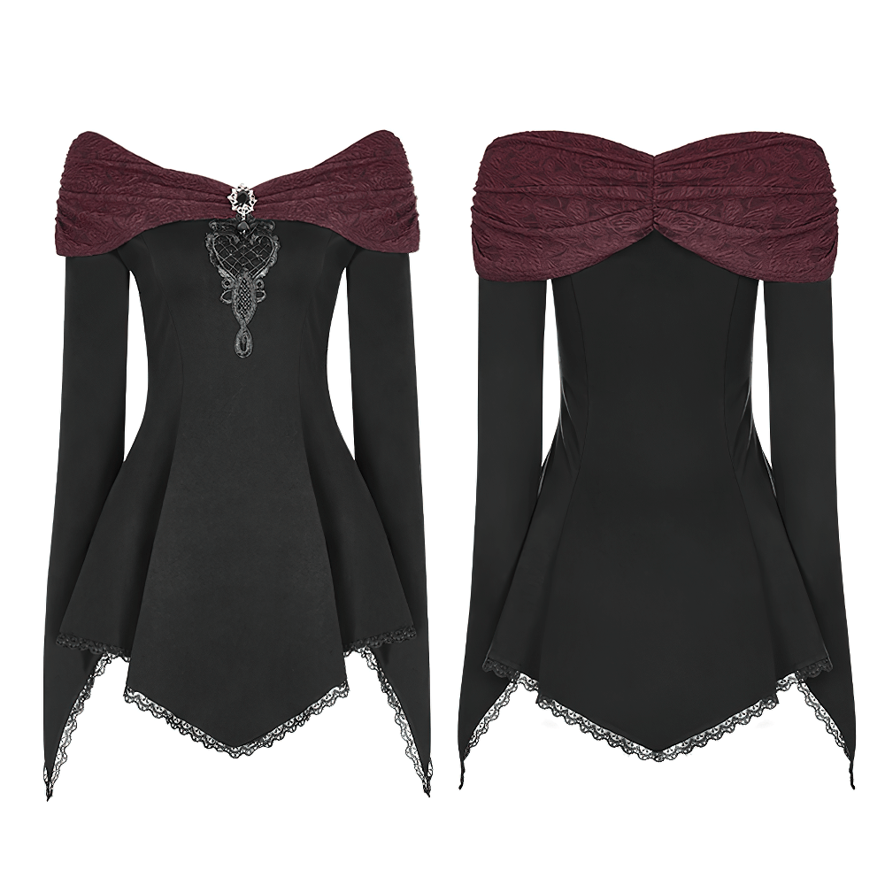 Vintage Gothic long sleeve top with lace trim and detachable brooch in black and burgundy.