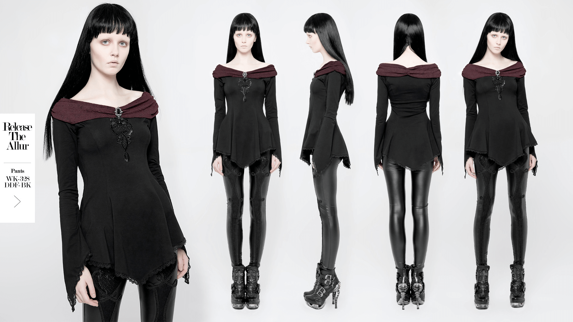 Gothic long sleeve top with lace trim, vintage boat neck, and horn cuffs, perfect for dark elegance.
