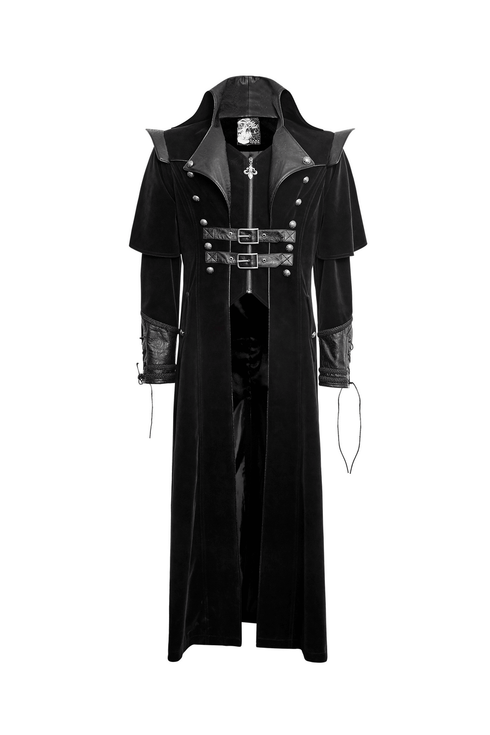 Vintage Gothic male velvet cloak with leather accents, featuring gothic design and long silhouette.