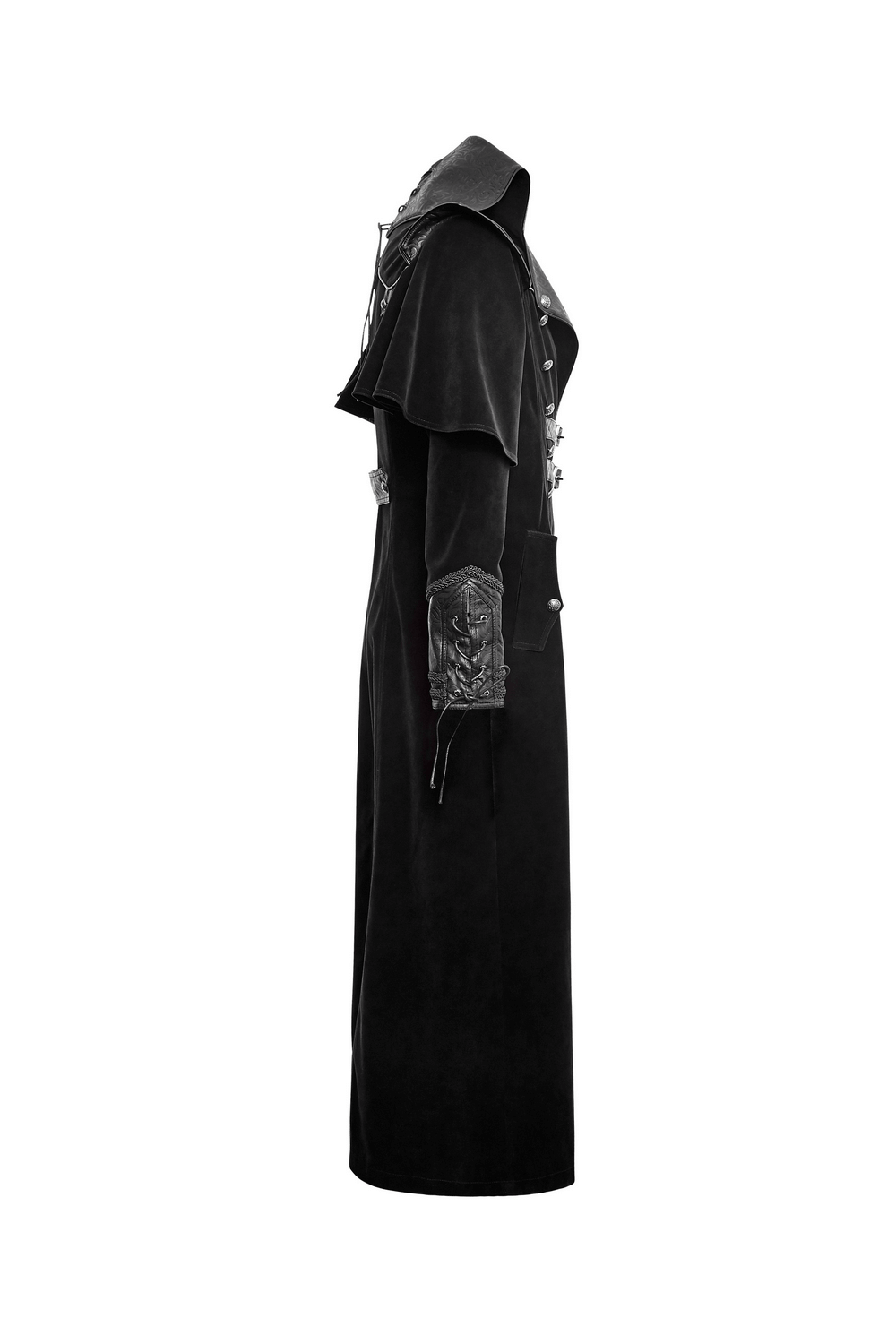 Side view of vintage gothic male velvet cloak with leather accents, showcasing a cool long design and classic collar.