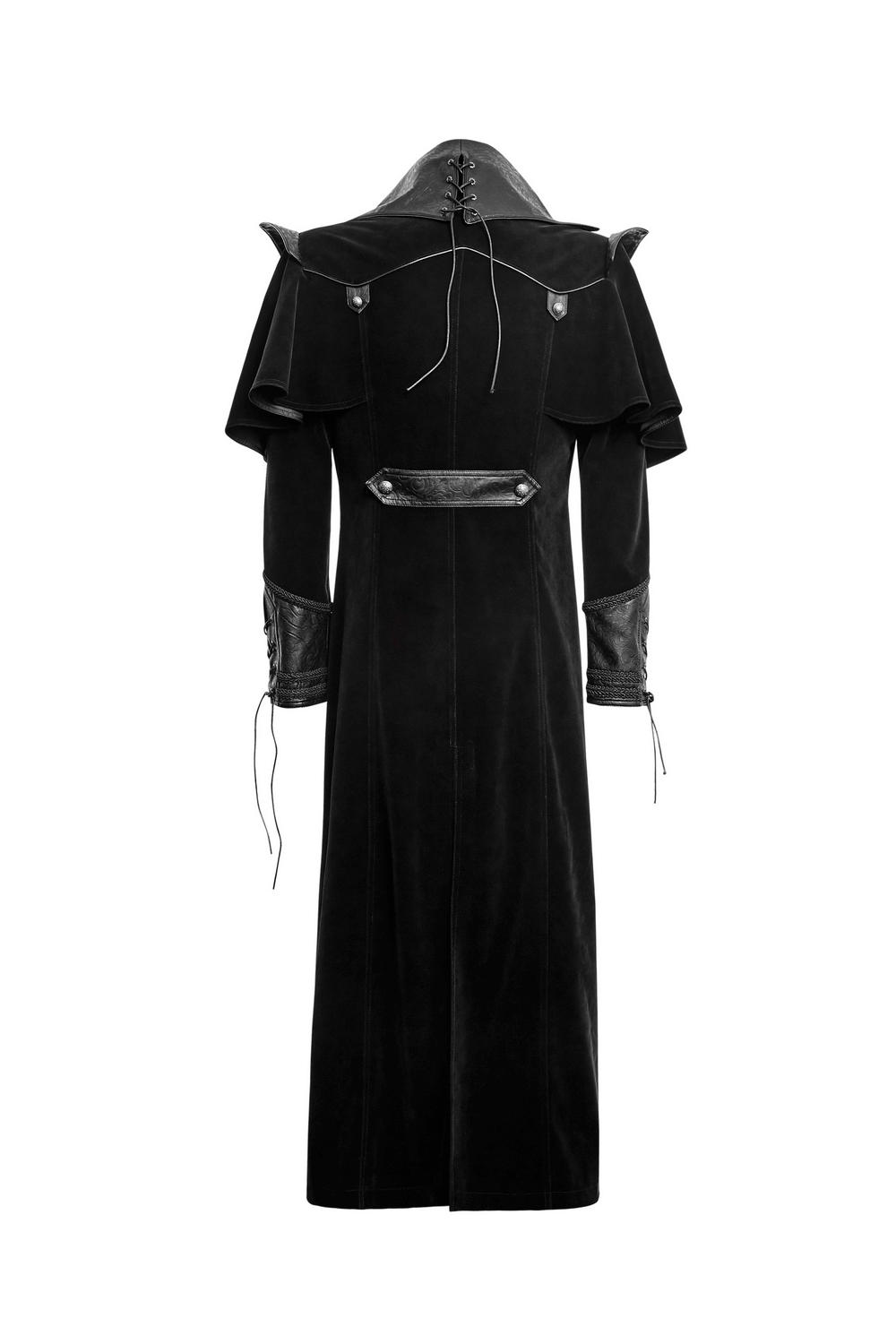 Vintage Gothic male velvet cloak with leather accents, showcasing unique twill fabric and a stylish long design.