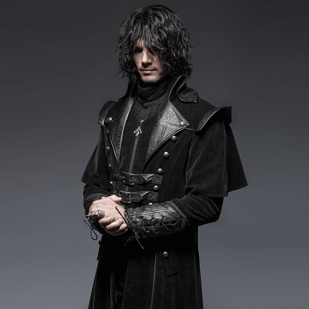 Man wearing a vintage gothic male velvet cloak with leather accents, embodying dark elegance and style.