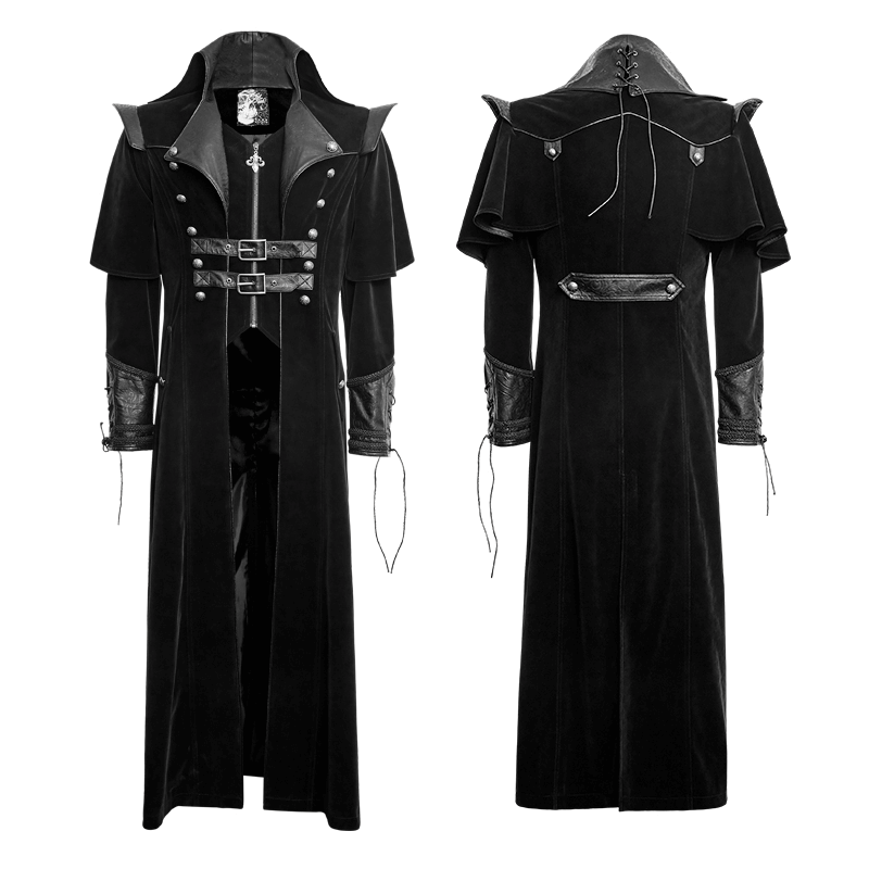 Vintage Gothic male velvet cloak coat with leather accents, featuring long design and stylish buckles.