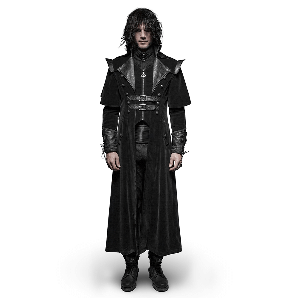 Vintage Gothic male in a long velvet cloak with leather accents, showcasing a cool gothic style.