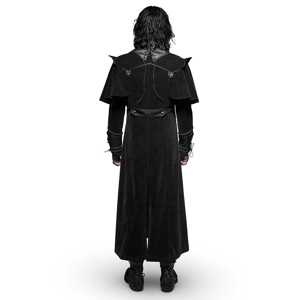 Back view of a male model in a vintage gothic velvet cloak with leather accents, showcasing its unique design.