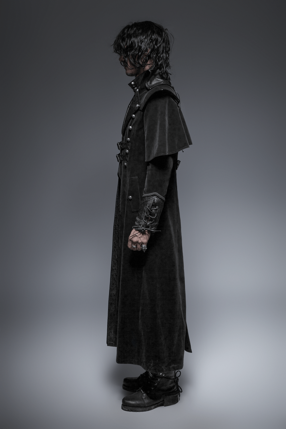 Vintage Gothic male velvet cloak with leather accents, showcasing a cool design and classic gothic style.