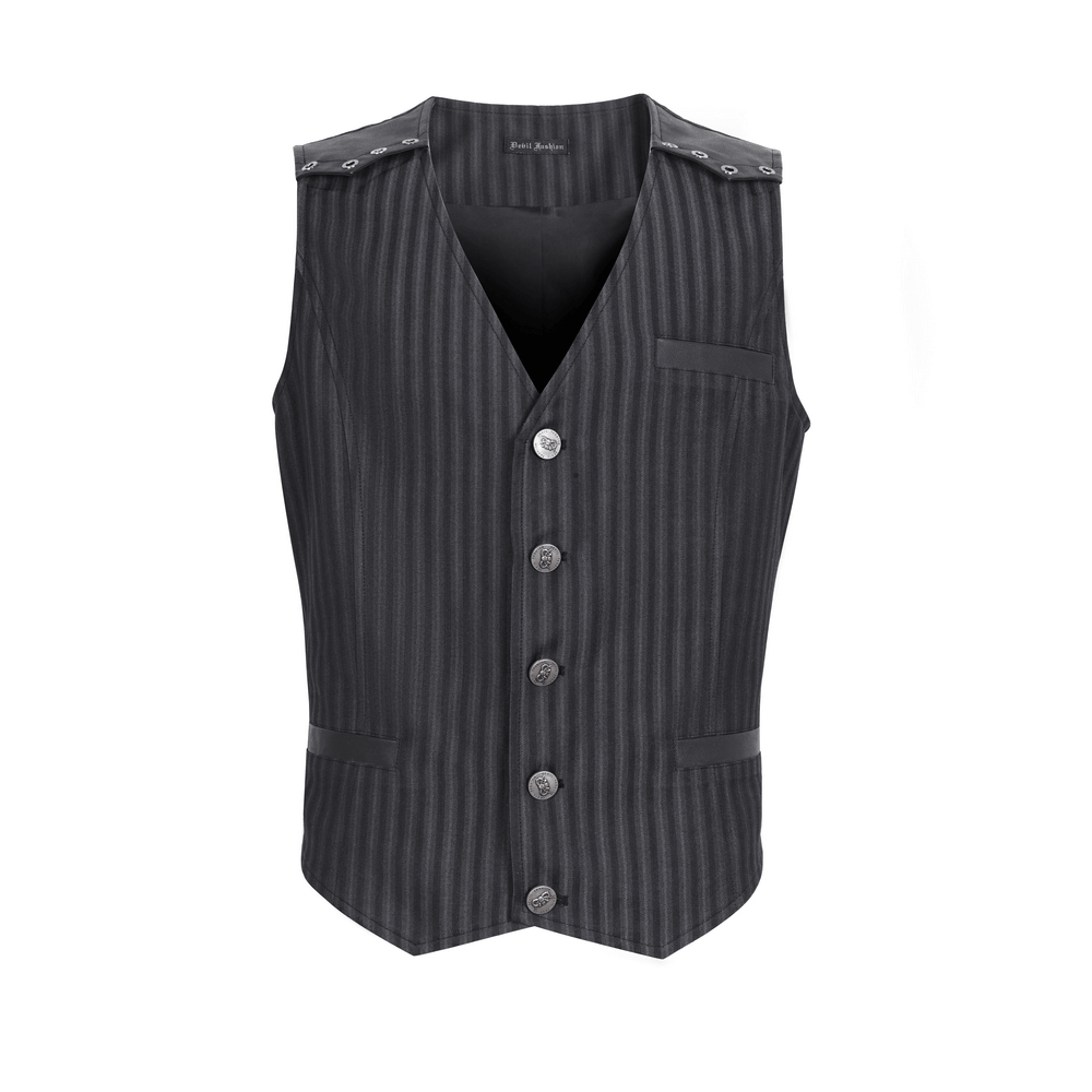 Vintage Gothic striped v-neck waistcoat for men, stylish pinstriped design, sleeveless button-up.