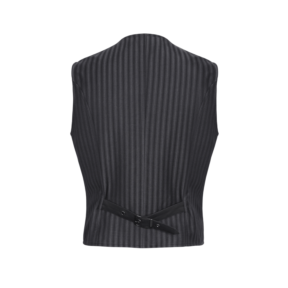 Back view of a vintage gothic striped V-neck waistcoat for men, featuring a tailored design and adjustable buckle.