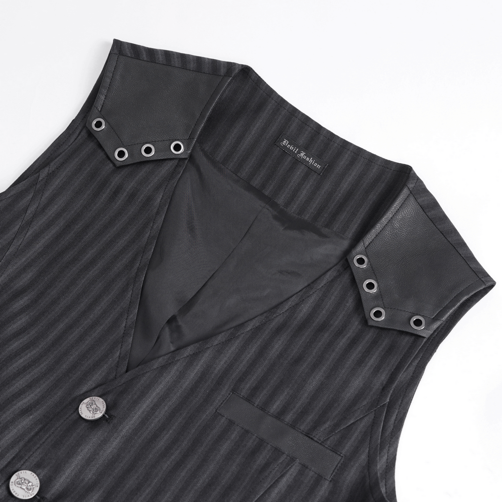 Vintage Gothic striped V-neck waistcoat for men featuring sleek design and button-up front.