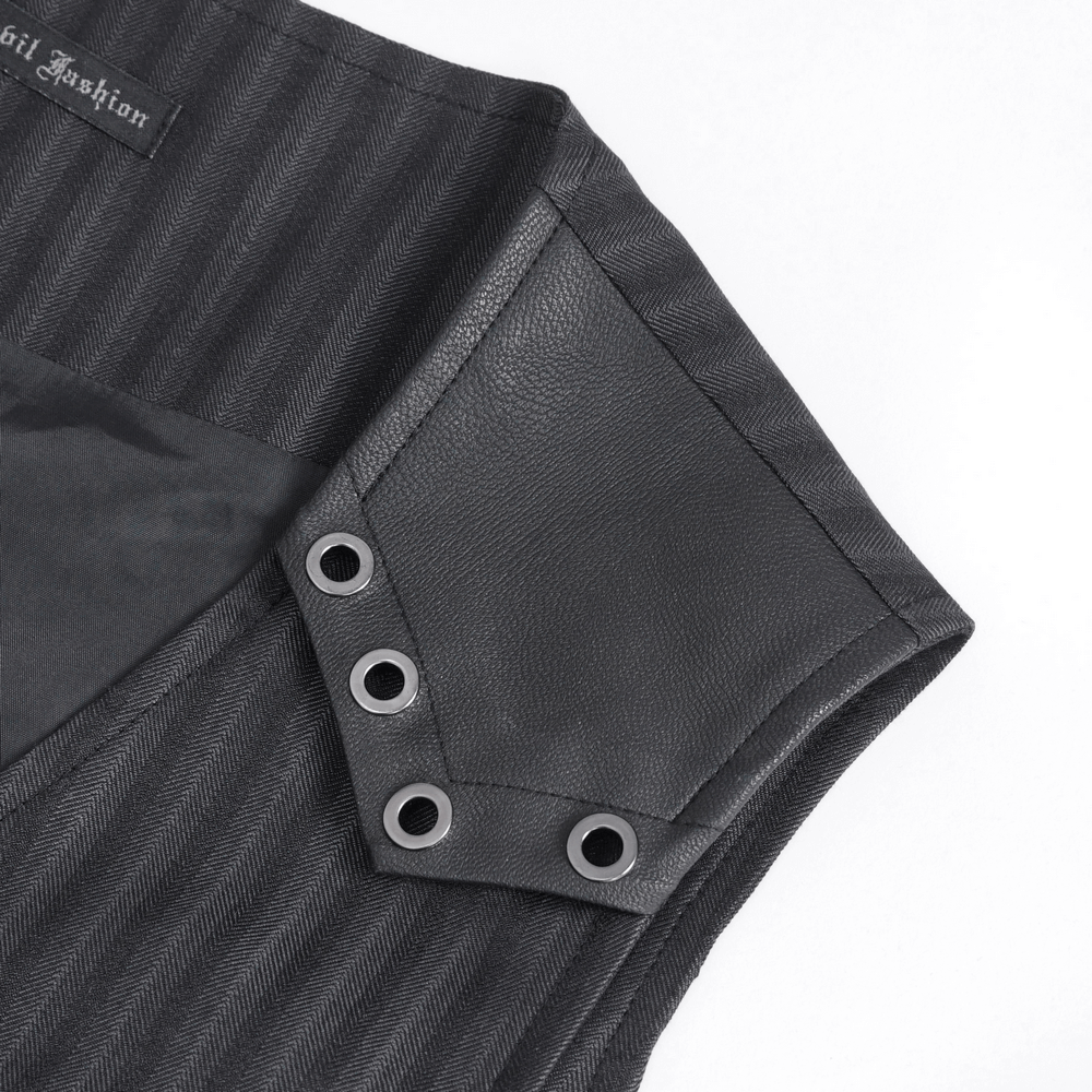 Close-up of vintage gothic striped V-neck waistcoat with sleek black pinstripes and stylish eyelet details.