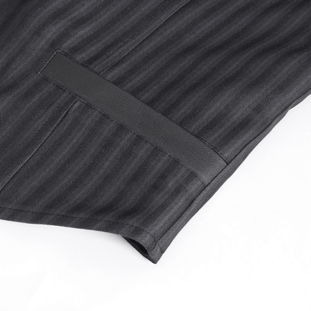 Close-up of vintage gothic striped v-neck waistcoat for men, featuring a sleek design and front pocket.