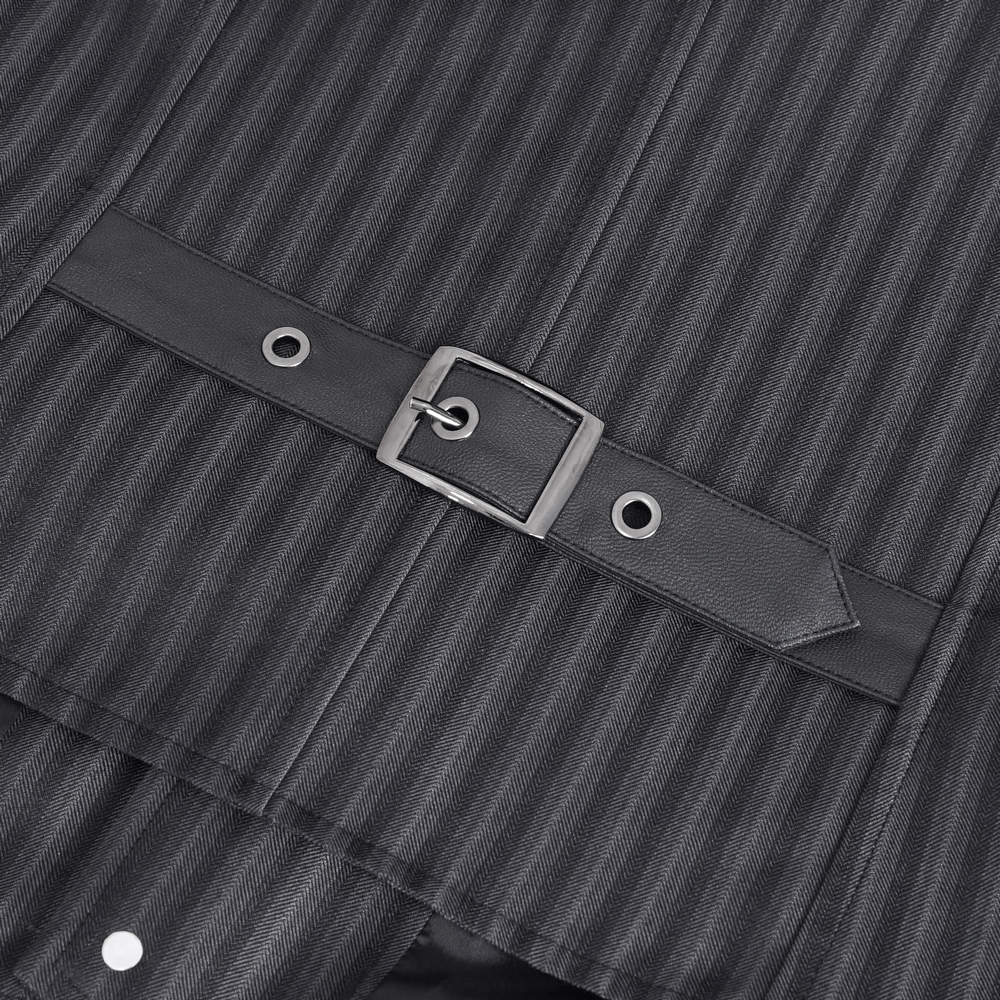 Close-up of vintage gothic striped waistcoat with sleek pinstripes and a stylish buckle belt detail.