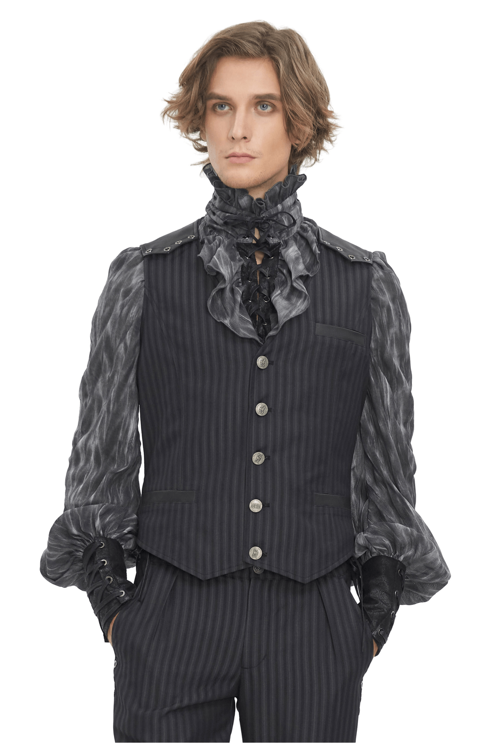 Men's vintage gothic striped V-neck waistcoat, paired with a stylishly ruffled shirt, for a sophisticated look.