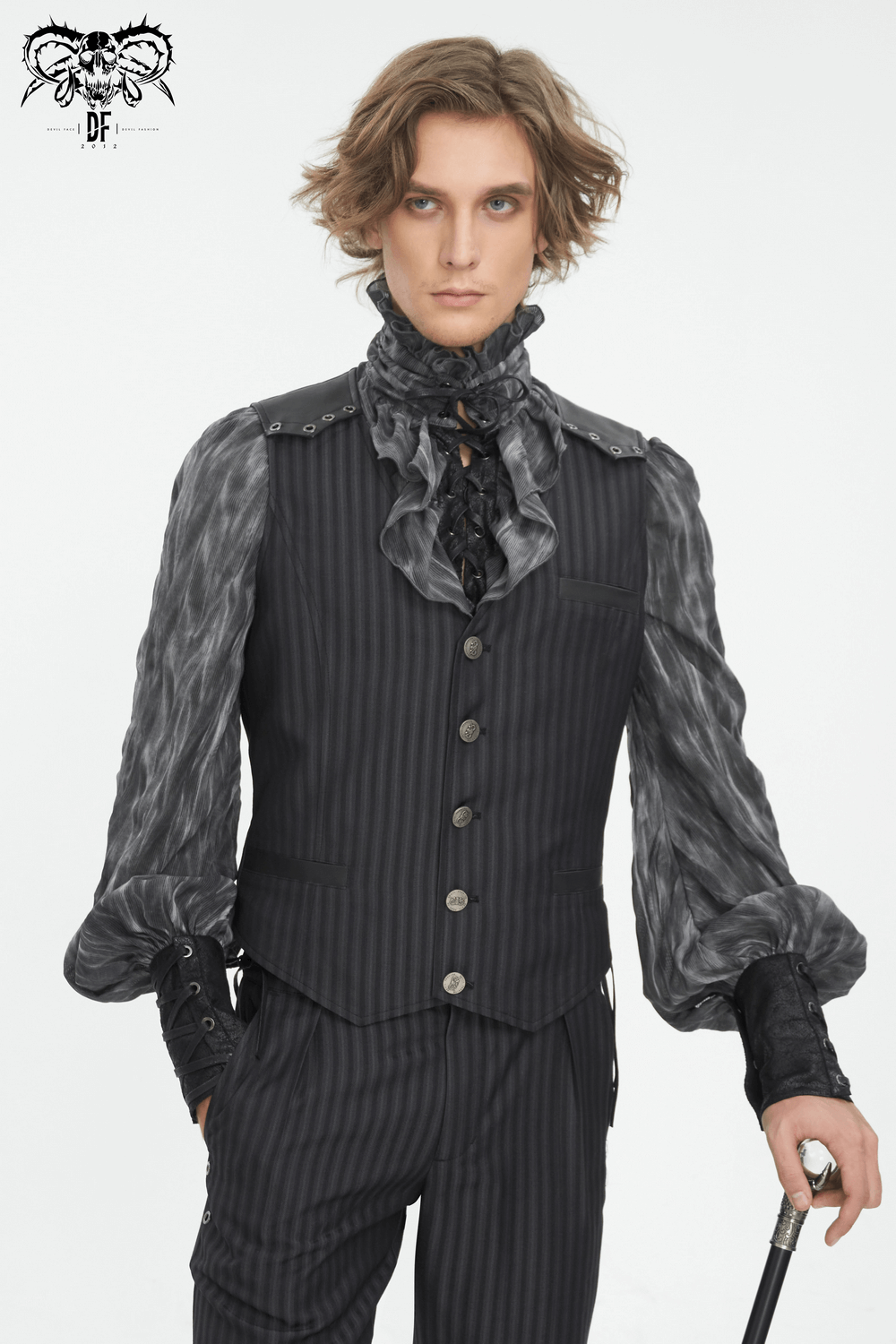 Men's vintage gothic striped waistcoat with ruffled sleeves and elegant design, perfect for formal or stylish events.